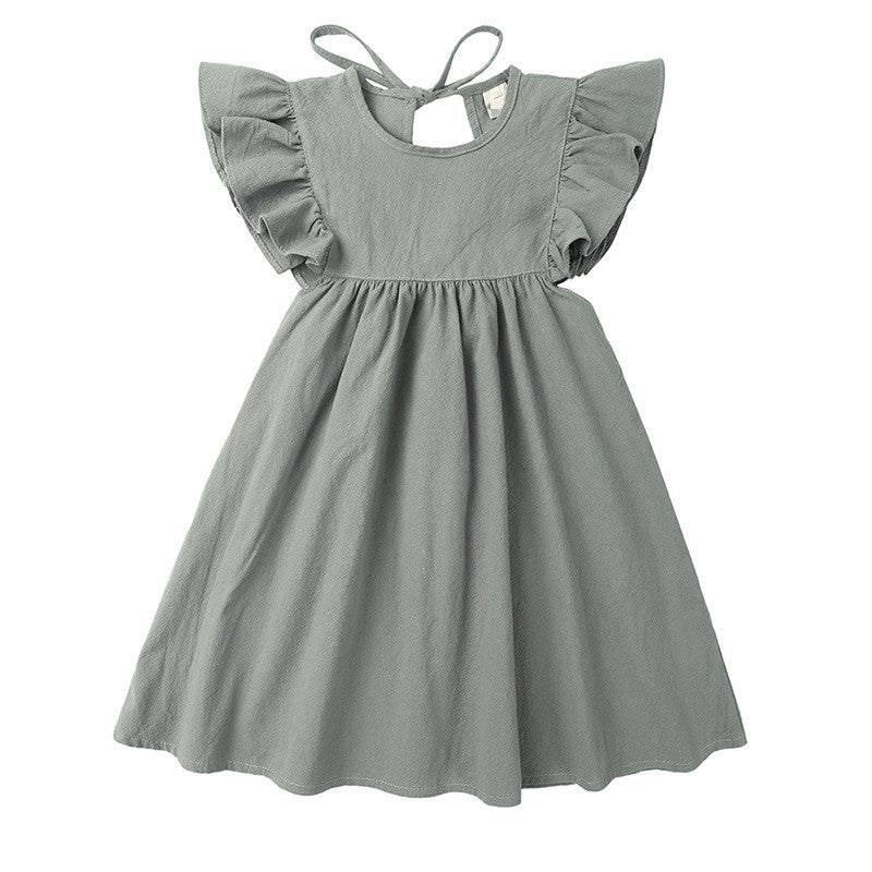 Ins Summer New Girls' Hemp Cotton Fly Sleeve Lace Casual Princess Dress 30 Years Custom Wholesale Children's Clothing Factory