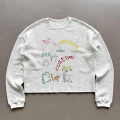 Cropped Boxy Oversized Heavyweight Printed Custom White Cotton Thermal T Shirt Casual Waffle Knit Men'S Long Sleeve Shirts