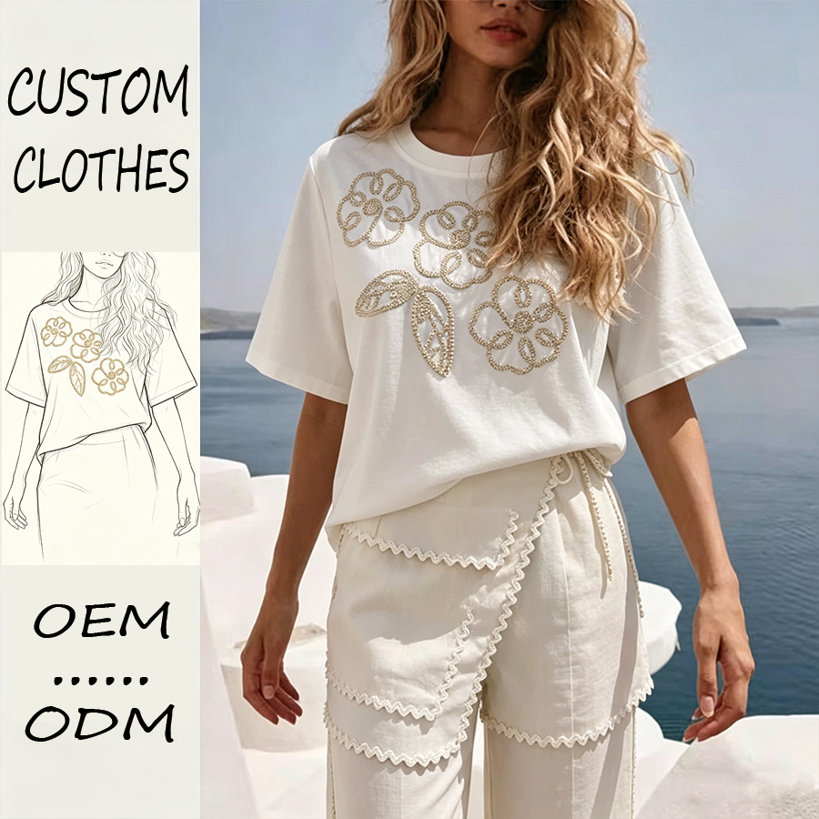 Yegao Custom Summer Woven Linen/Cotton Breathable Anti-Wrinkle Floral Embroidery Simple O-Neck Half Sleeve Front ODM Casual