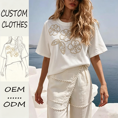 Yegao Custom Summer Woven Linen/Cotton Breathable Anti-Wrinkle Floral Embroidery Simple O-Neck Half Sleeve Front ODM Casual