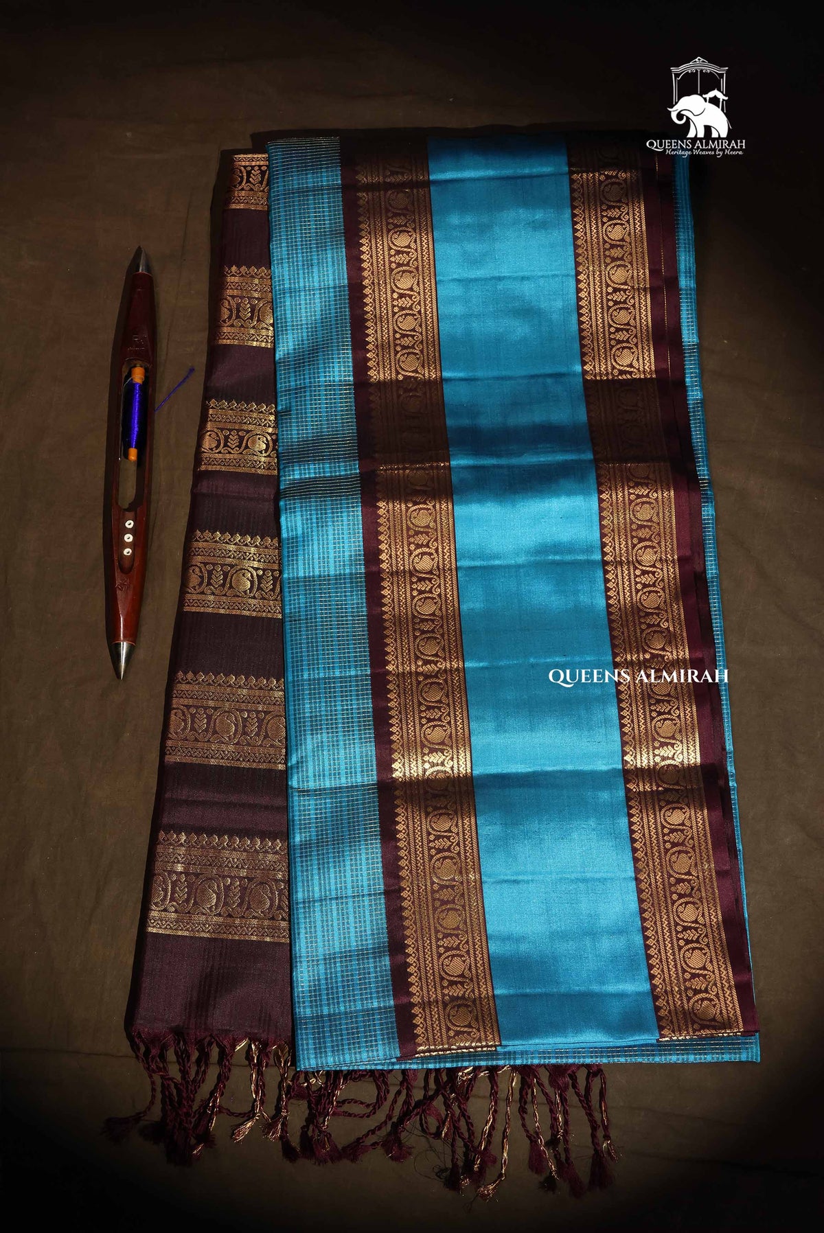 Turquoise Blue With Dark Brown Payadi Pure Soft Silk Saree
