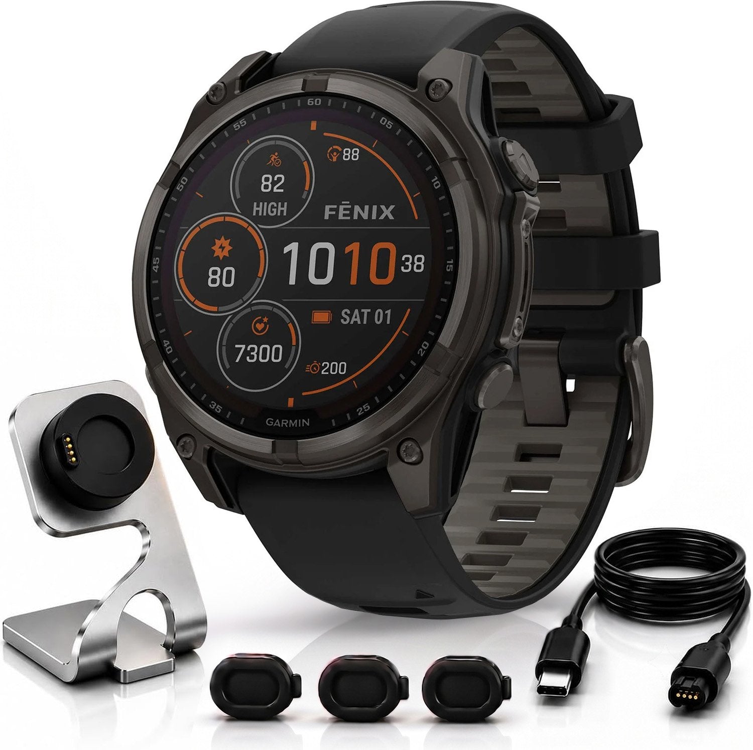 Garmin Fenix 8 47 mm Solar Sapphire, Carbon Gray DLC +Charging Dock + Dust Cover Bundle