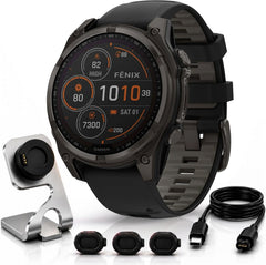 Garmin Fenix 8 47 mm Solar Sapphire, Carbon Gray DLC +Charging Dock + Dust Cover Bundle