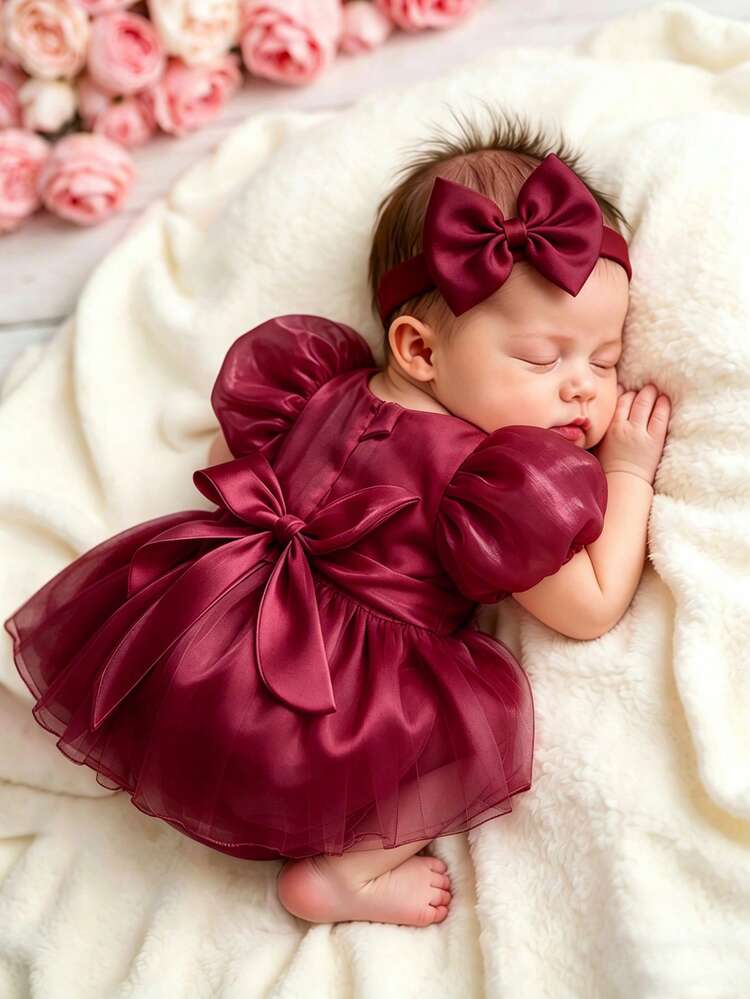 SHEIN Newborn Girl Romper Dress With Bow Headband 0-3 Months Baby Photography Outfits Burgundy For Spring Summer Wedding Kawaii Cute Autumn Fall