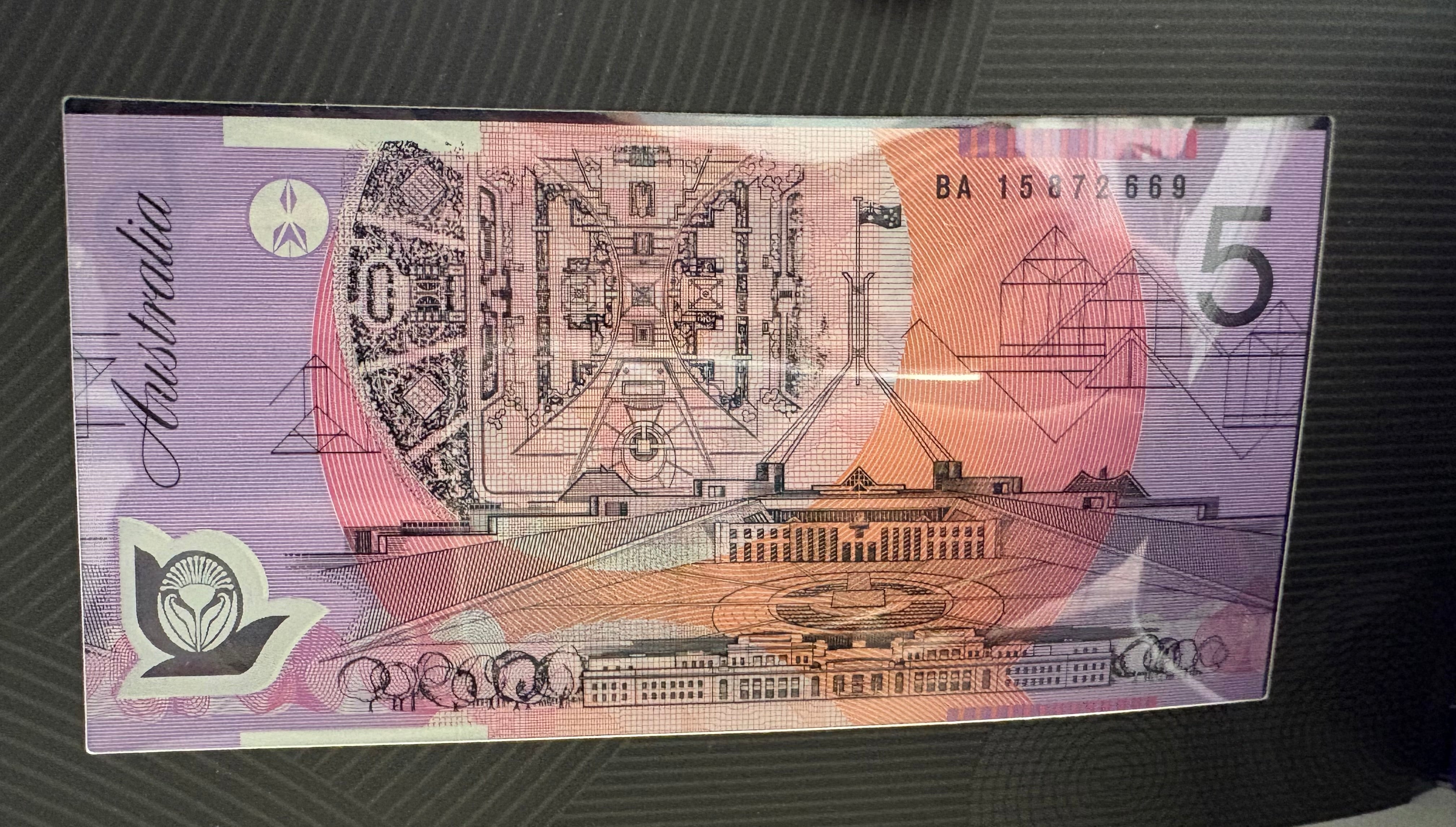 2015 $5 Stevens / Fraser BA15 First Prefix R223F Uncirculated note in Two Generations Banknotes Presentation Folder