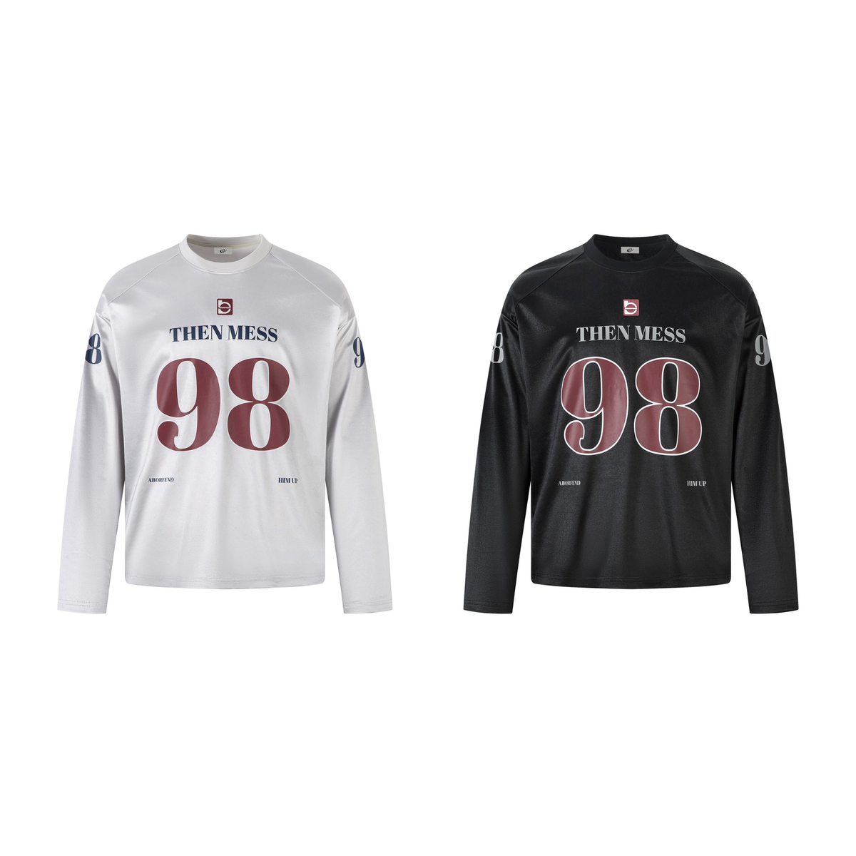 Omirad 98 Then Mess long sleeve jersey tee in white and black with burgundy number graphic and raglan sleeves