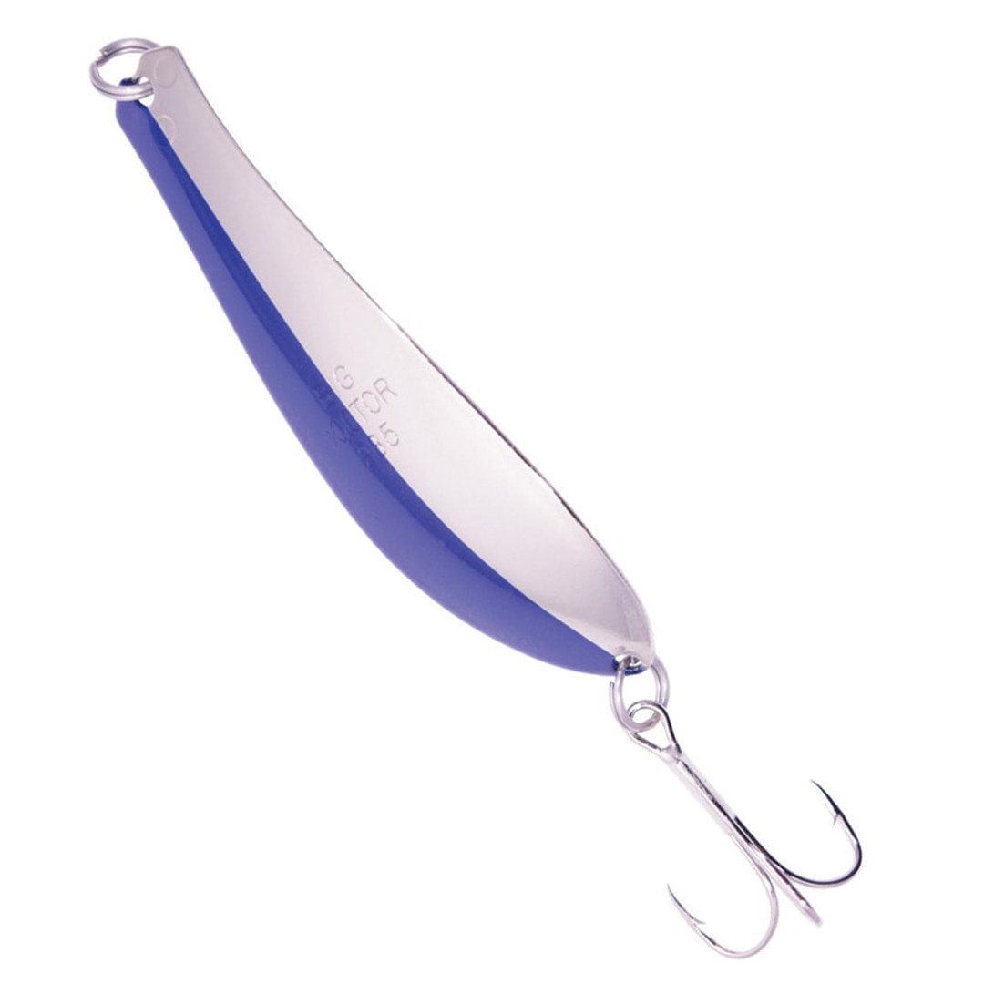 Yellowbird Dr. Spoon 4.5" fishing lure with a curved metallic body in blue and silver, featuring a treble hook for effective fishing tackle use.