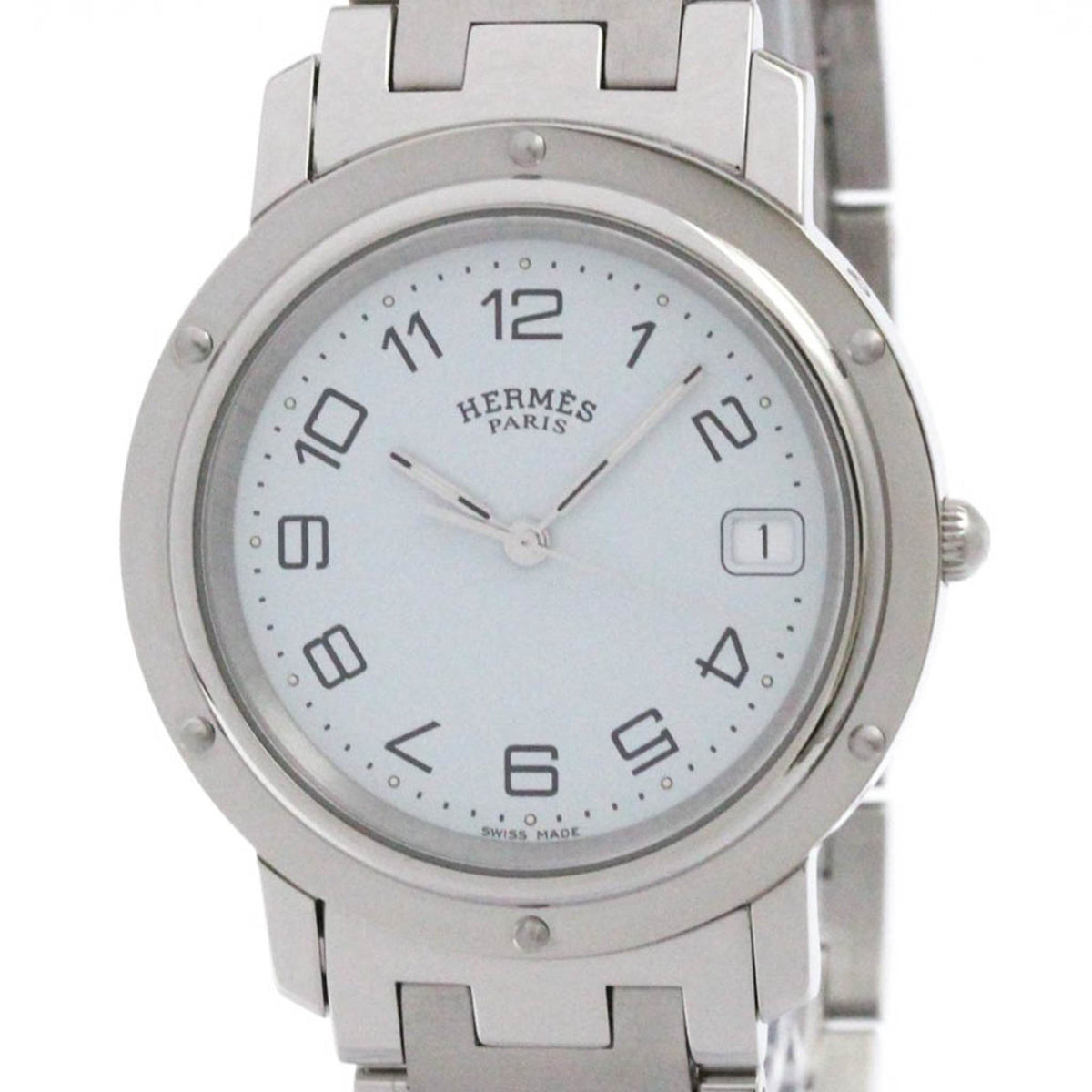 Pre-Owned HERMES Clipper Stainless Steel Quartz Mens Watch CL6.710 Polished