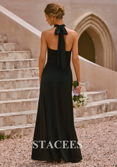 Sheath Halter Neck Stretch Satin Floor-Length Backless Bridesmaid Dress with Tie-Back S6124B - Bridesmaid Dresses