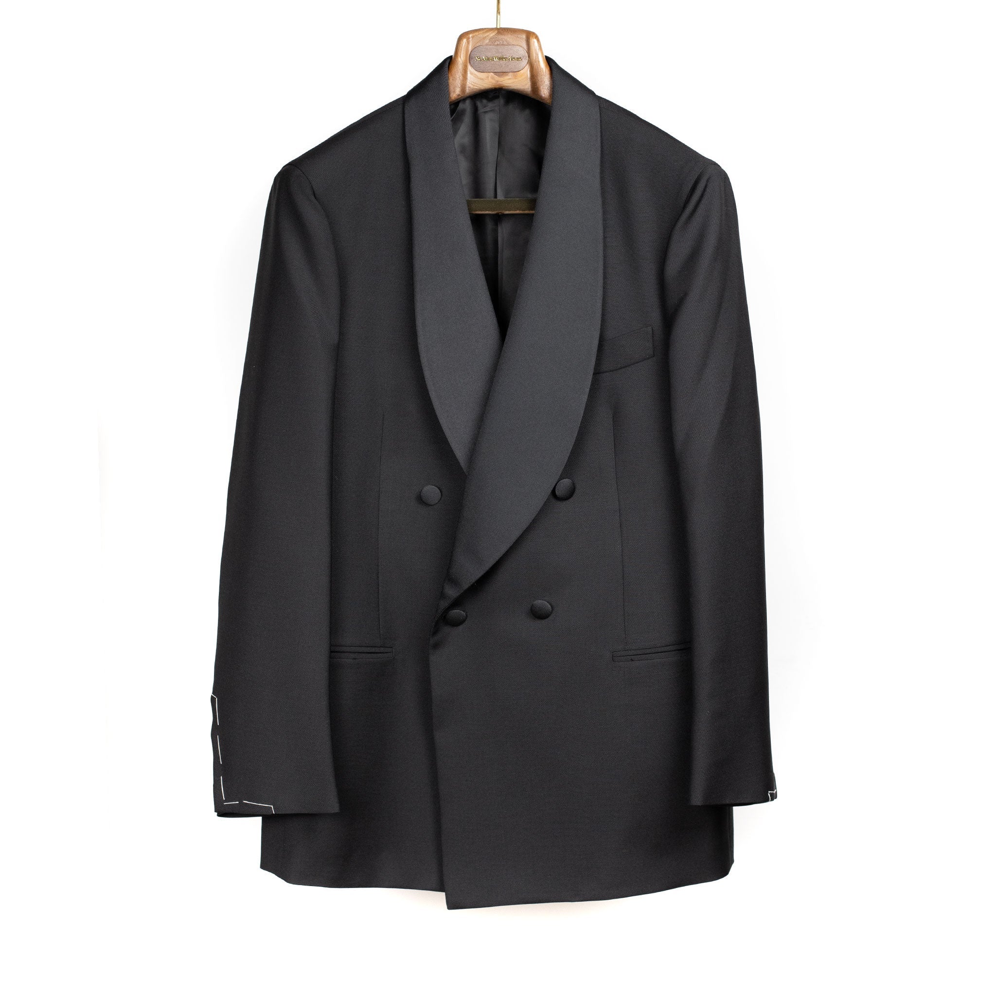 x Sartoria Carrara: double-breasted shawl collar tuxedo jacket in Drapers black wool and mohair barathea (separates)
