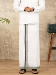 Double Layer 100% Cotton White Dhoti with Colour Jari Border - MJF02
