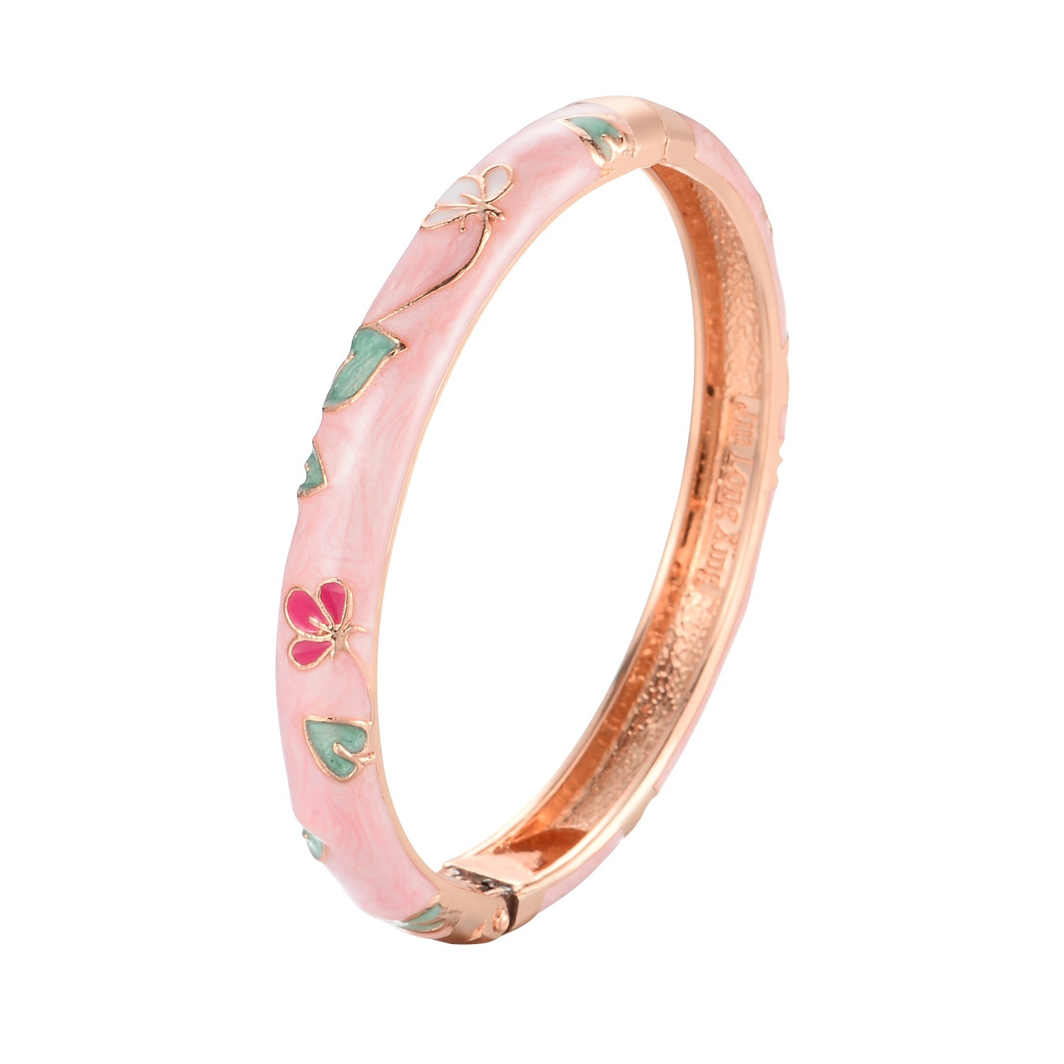 Pink Floral Cloisonne Enamel Hinged Bangle - Rose Gold Plated Zinc Alloy Chinese Bracelet for Women