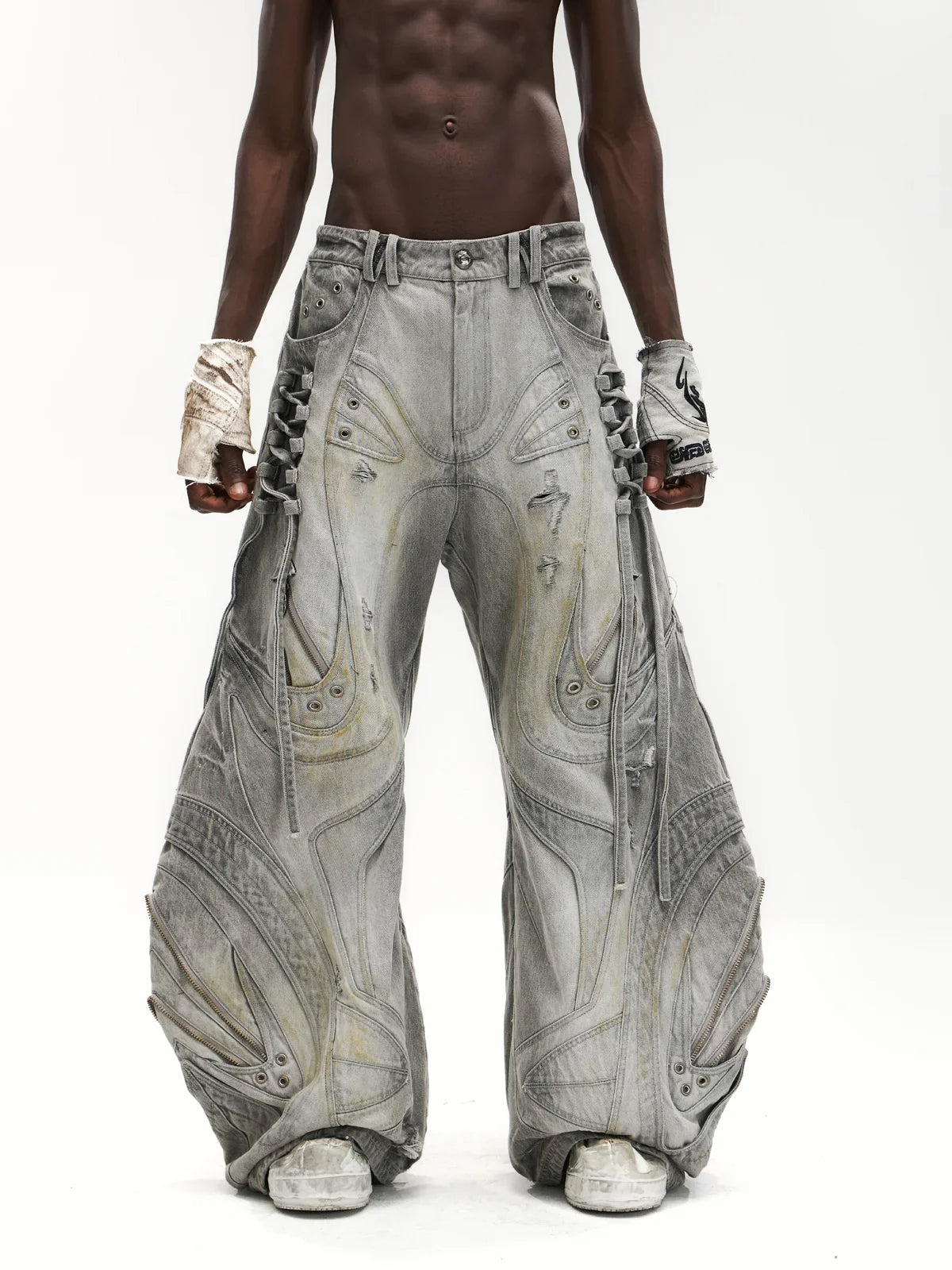 Deconstructed Flared Patchwork Denim Jeans White