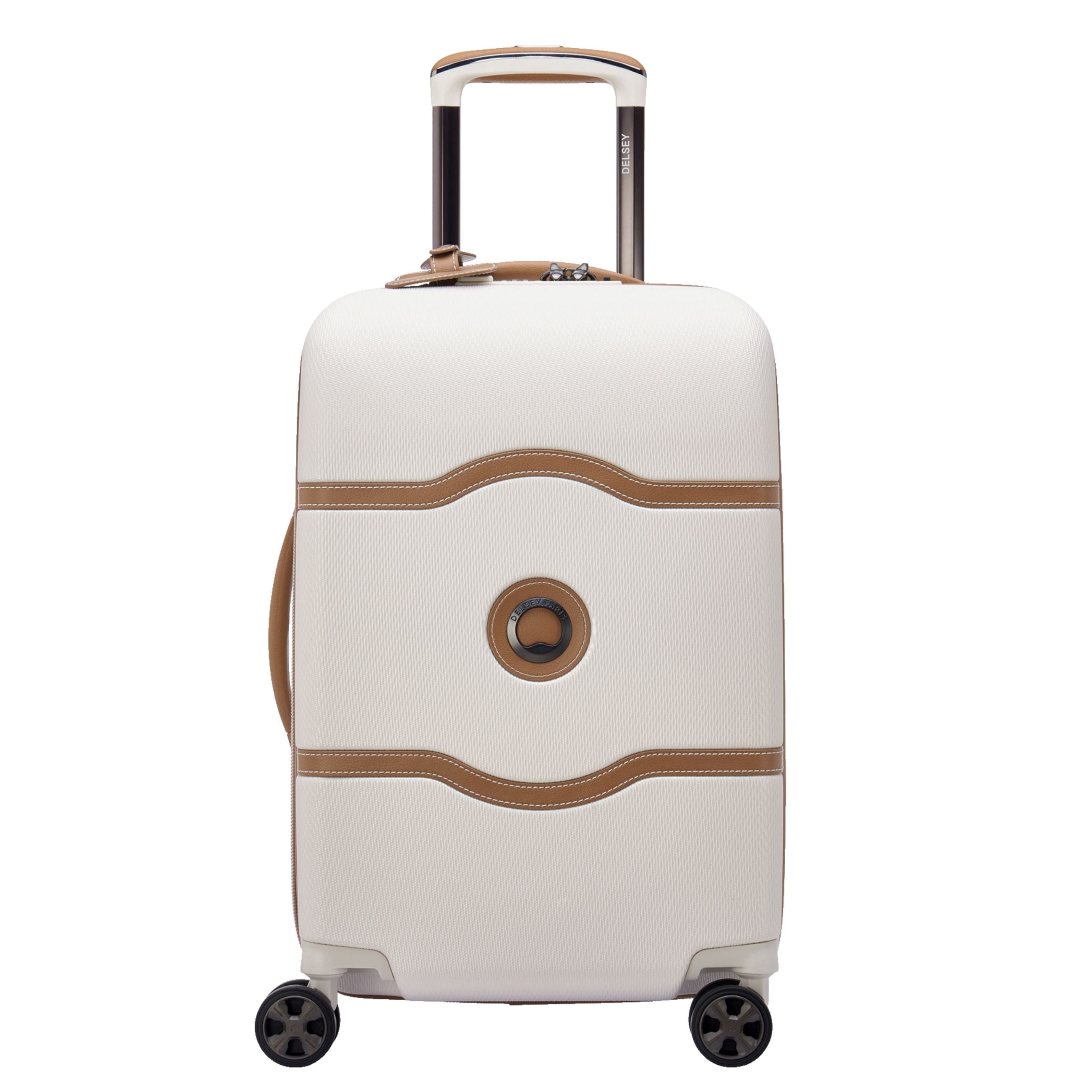 Featured image: Delsey Chatelet Air 2.0 angora 21" carry-on hardside spinner, front view, telescoping handle extended, cognac trim and center medallion