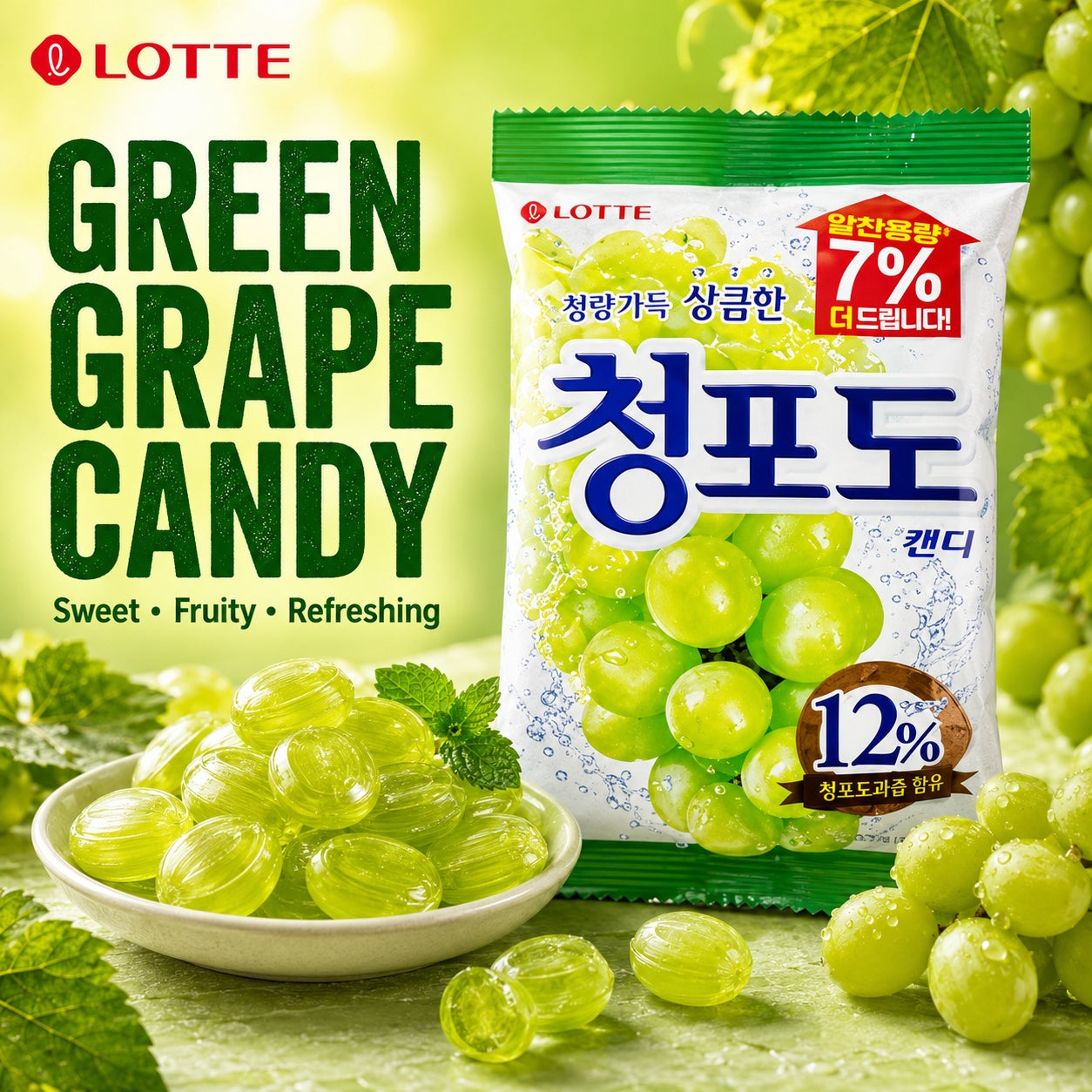 Lotte Green Grape Flavored Hard Candies 153g | Rich Green Grape Flavor, Sweet Taste, Convenient Snack