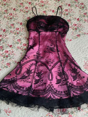 A Line Spaghetti Strap Black Applique Tulle Pink Satin Homecoming Dress Cocktail Dress SH3715