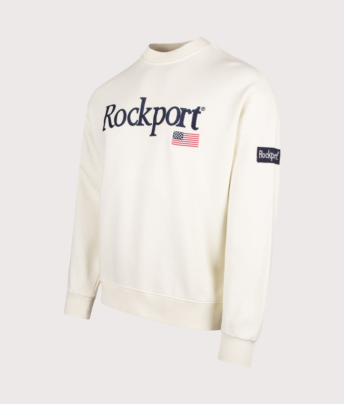 Rockport New England Front Logo Sweatshirt in Ecru at EQVVS Menswear. Angled front shot.