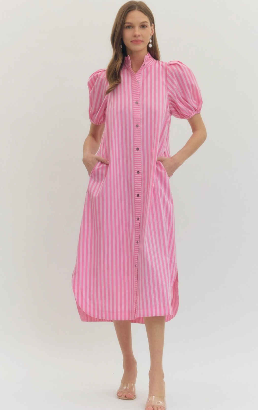 Pink Striped Side Pocket Puff Sleeve Midi Dress