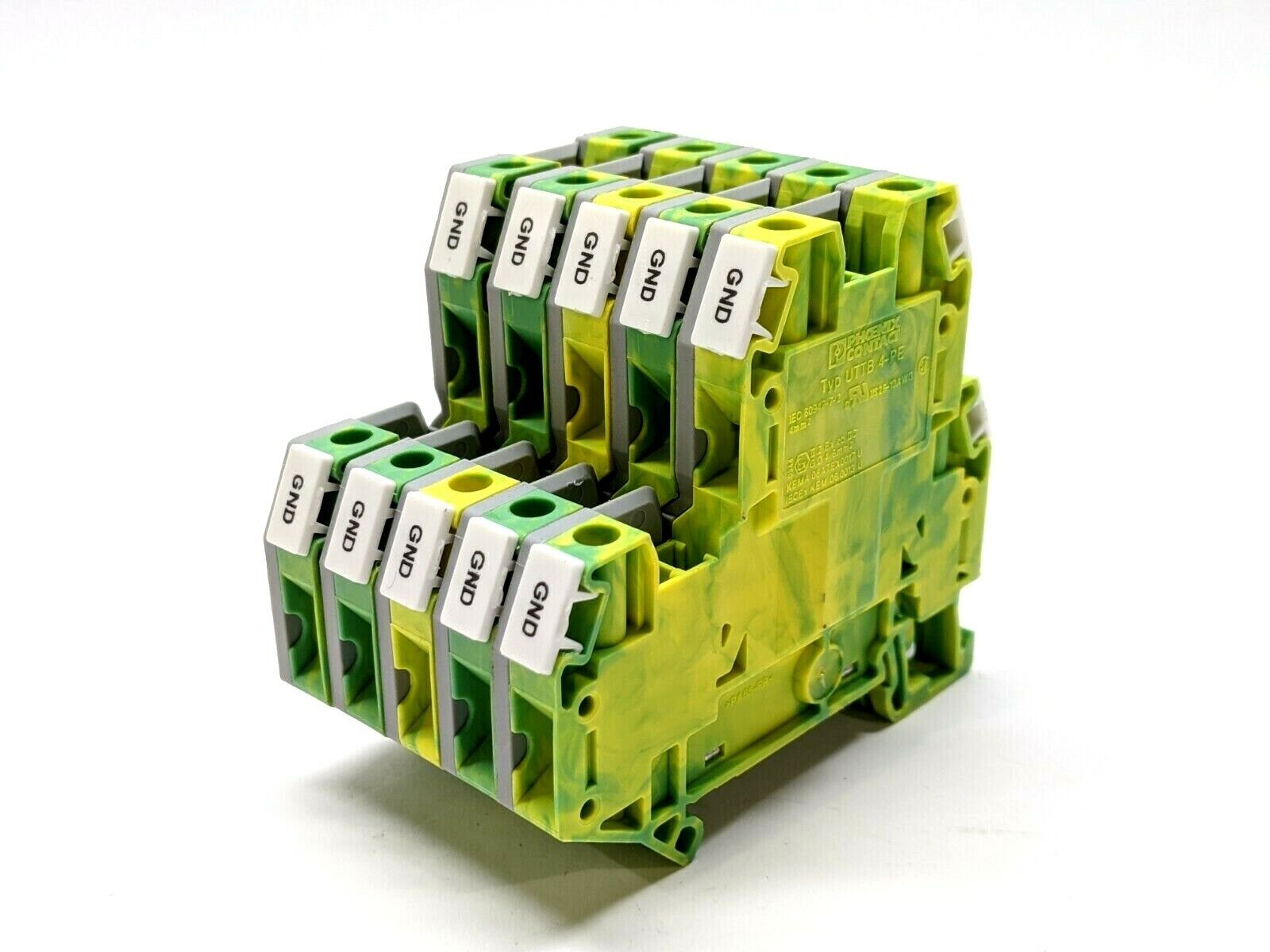 UTTB 4-PE,3047293,D-UTTB 2,5/4,3044759 | Phoenix Contact Typ UTTB 4-PE Terminal Block w/D-UTTB 2.5/4 End Cover LOT OF 5 - Used - Maverick Industrial Sales