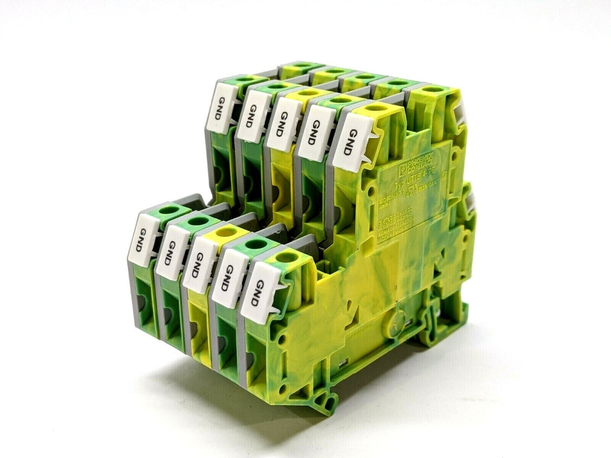 UTTB 4-PE,3047293,D-UTTB 2,5/4,3044759 | Phoenix Contact Typ UTTB 4-PE Terminal Block w/D-UTTB 2.5/4 End Cover LOT OF 5 - Used - Maverick Industrial Sales