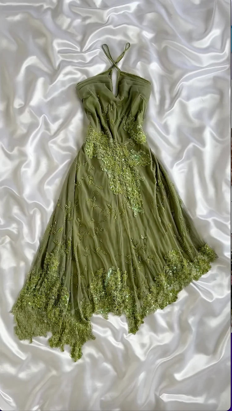 Vintage A Line Halter Sequin Appliques Green Chiffon Prom Dress Evening Dress SH2298