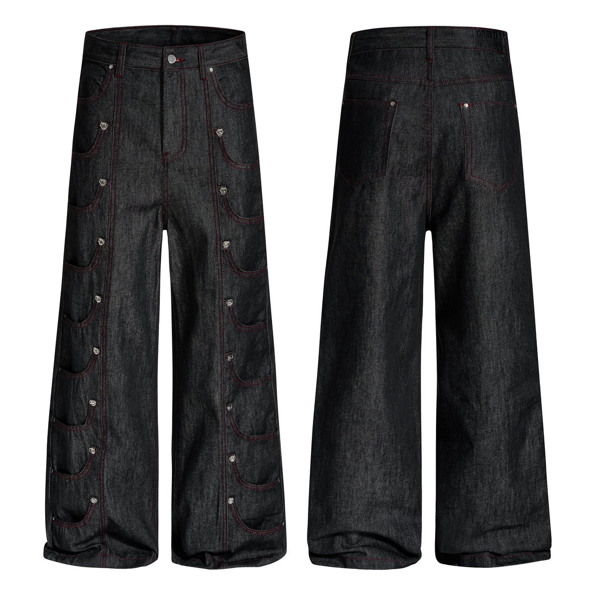 Black wide-leg denim pants with red contrast stitching and symmetrical snap-button scalloped pockets on both legs, front and
