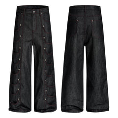 Black wide-leg denim pants with red contrast stitching and symmetrical snap-button scalloped pockets on both legs, front and