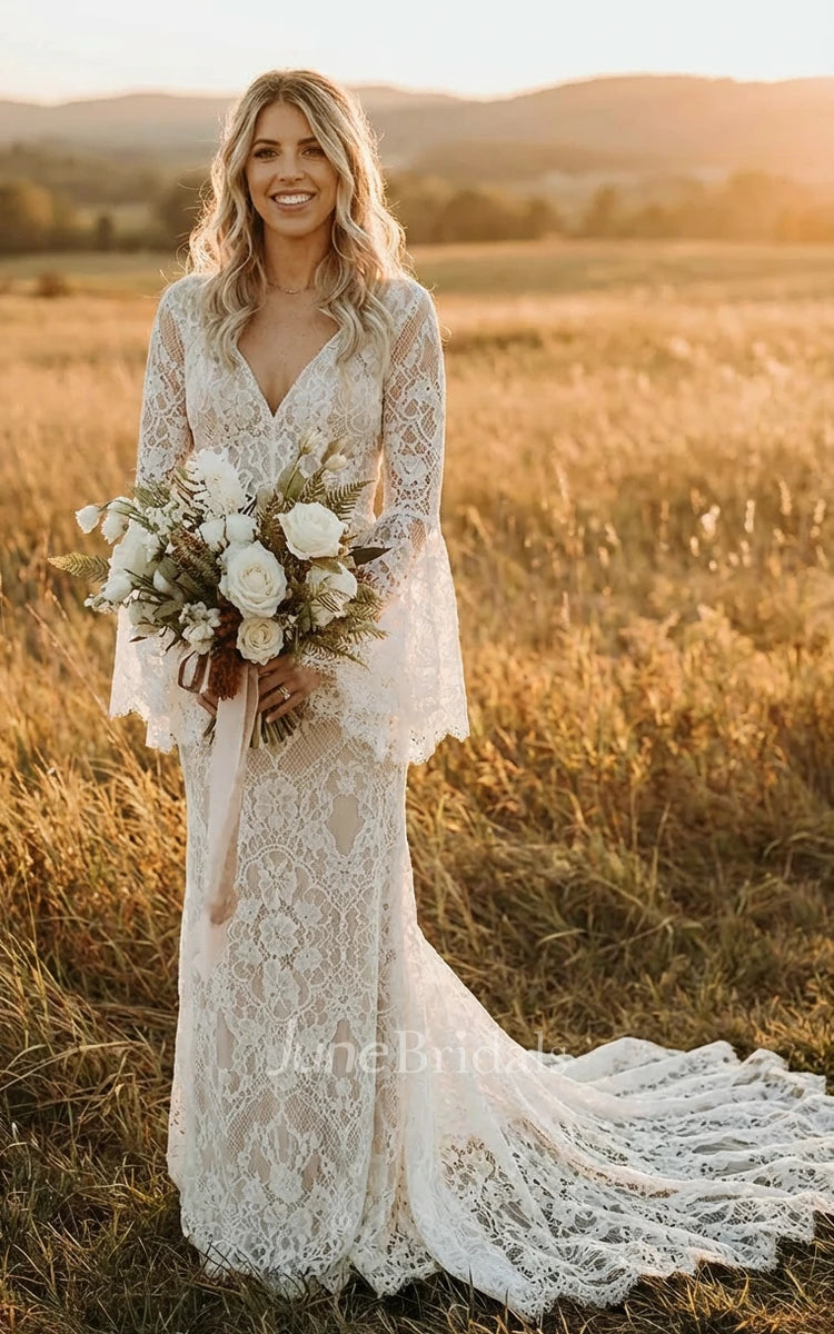 June Bridals Boho Sheath Lace Fall Wedding Dress Long Sleeve V Neck with Sweep Train Country