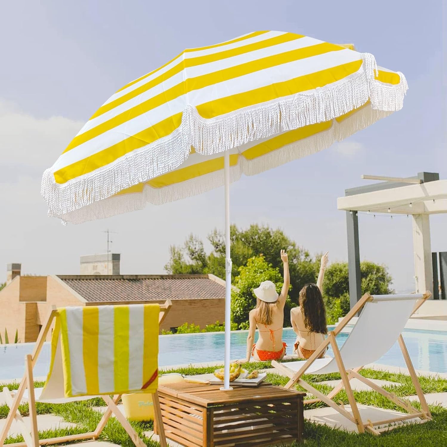 Outdoor Patio Umbrella With Fringe - Holiday Beach Yellow And White Striped Portable Tassel 5.9ft Table UV50+ Protection Sun Shade Garden Waterproof/8 Ribs