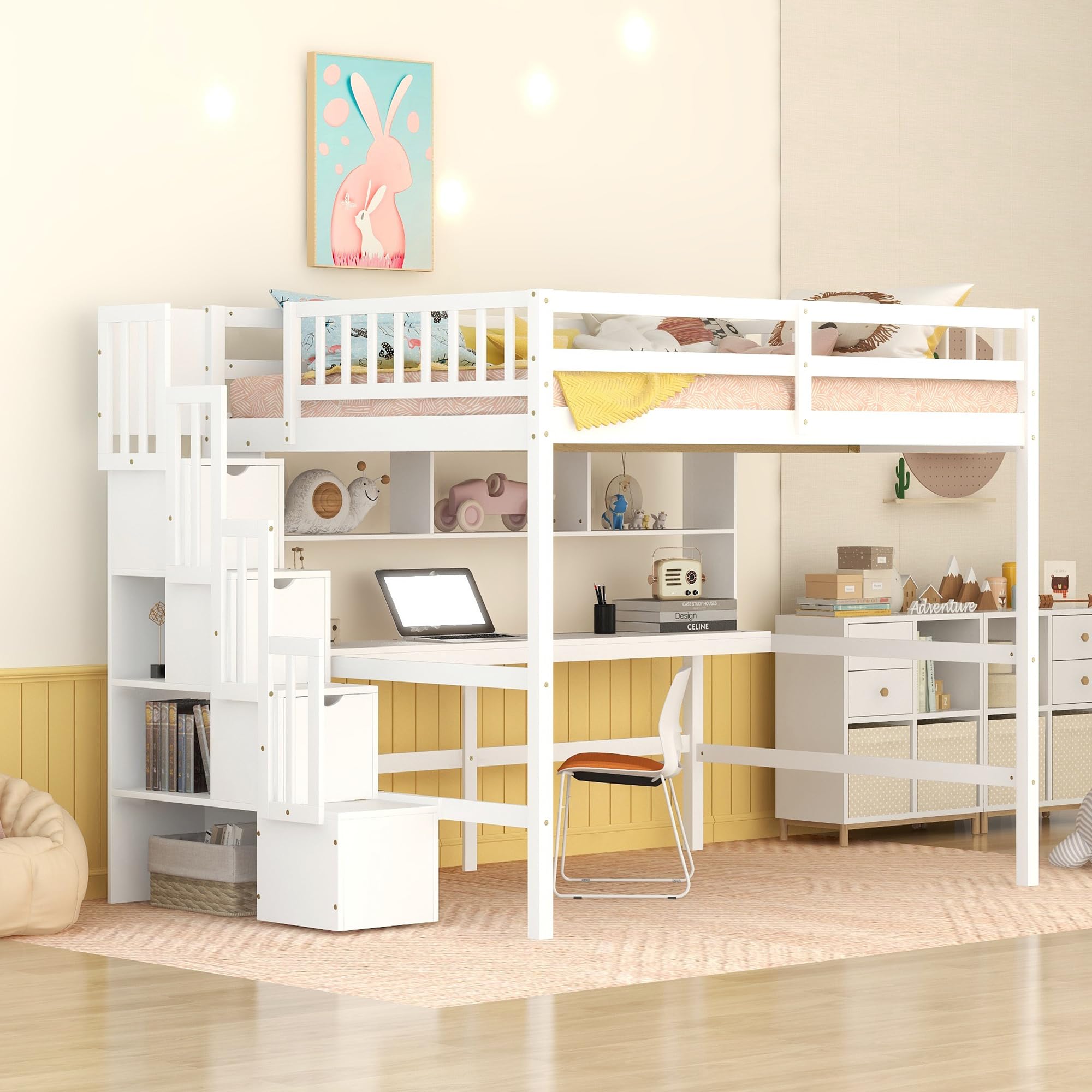 SOFTSEA White Full Loft Bed with Desk, Stairs, and Storage Shelves for Kids and Teens SOFTSEA