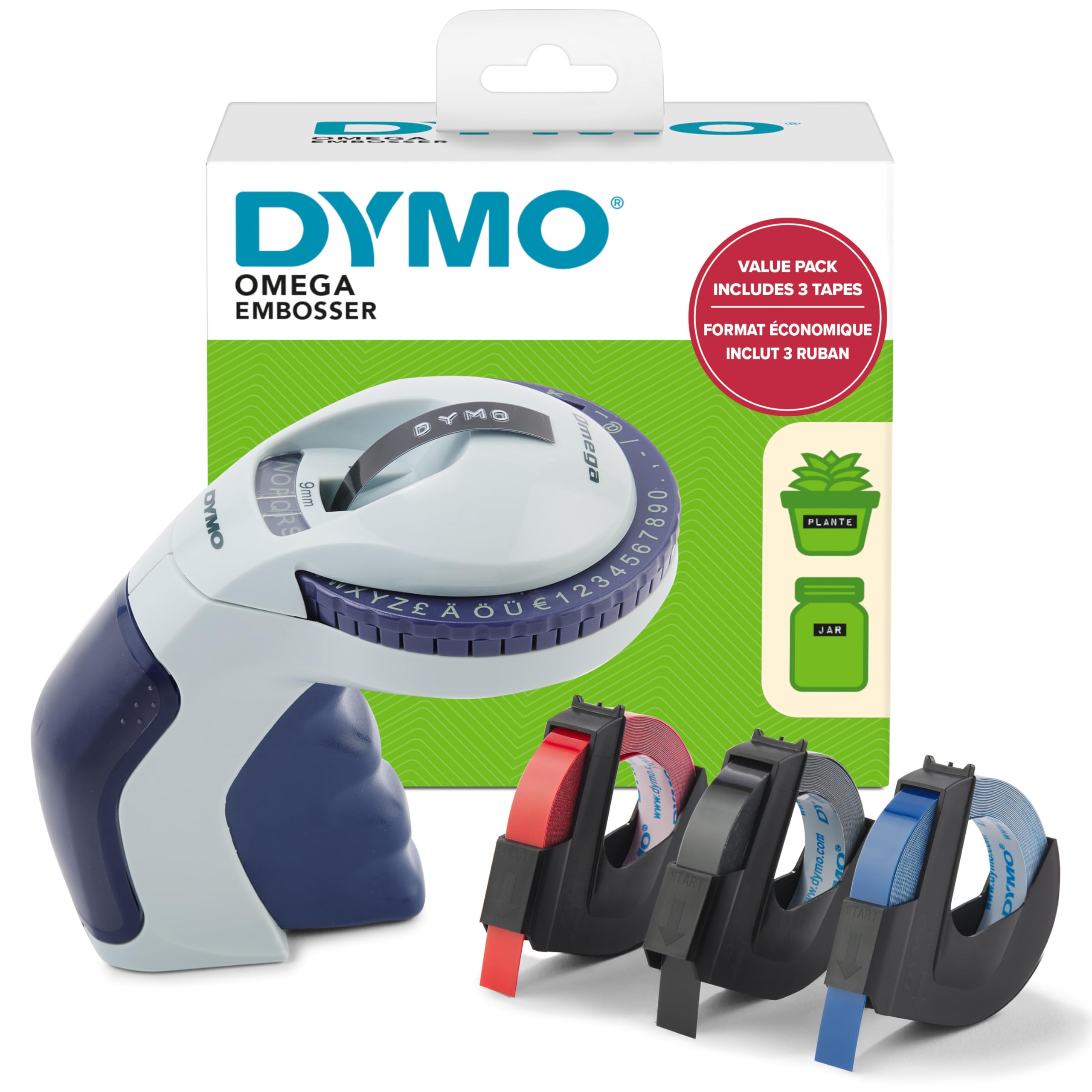 Dymo Omega Embossing Label Maker with 3 Label Tapes | Portable Handheld Design | 49-Character Wheel