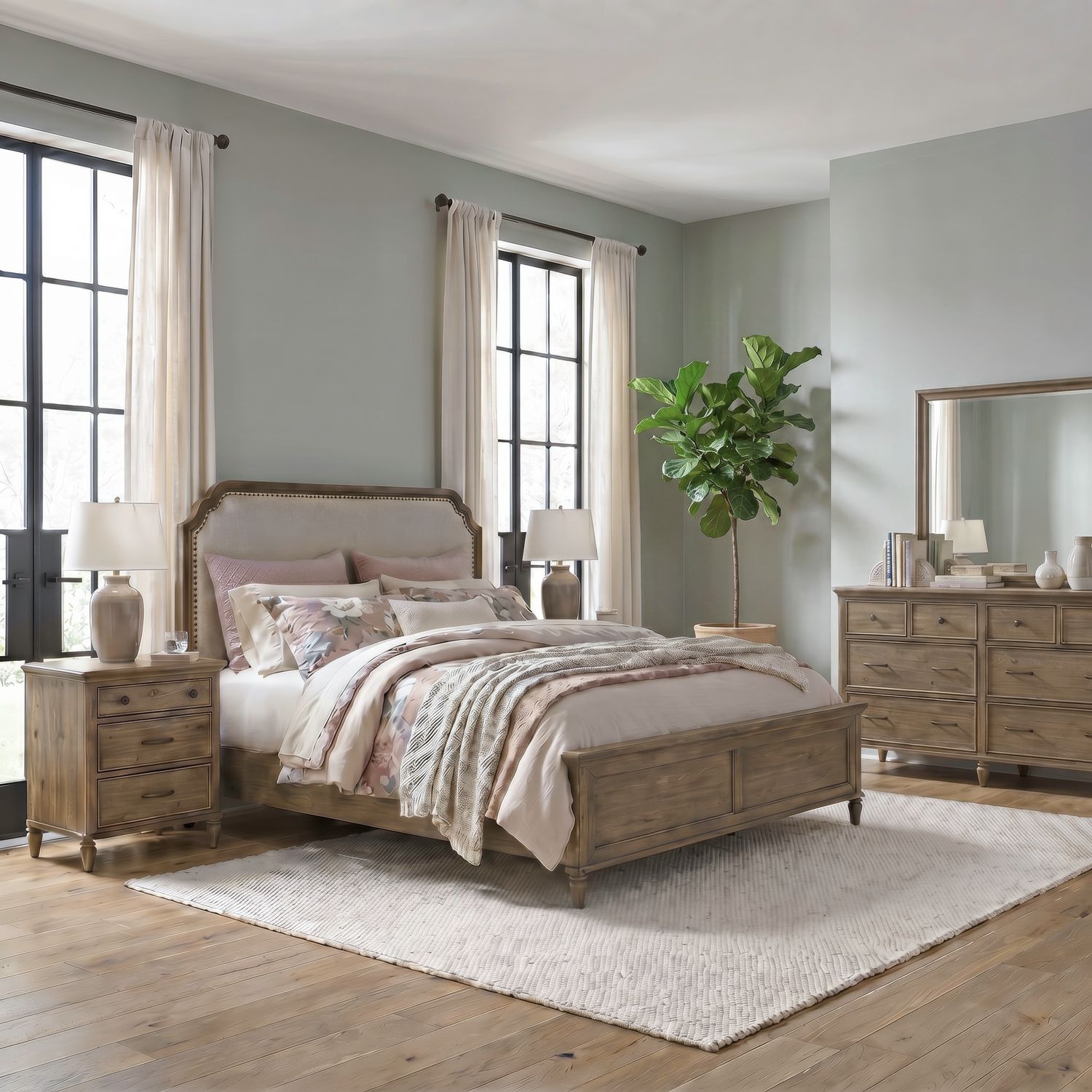 Hickory Grove Queen Uph Bed, Dresser & Mirror, Night Stand - 866-BR-QUBDMN