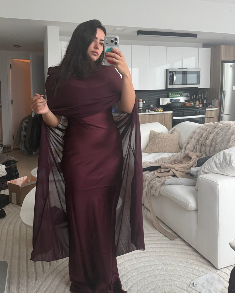 Burgundy Silk Secrets Draped Satin Dress by Fashion Nova