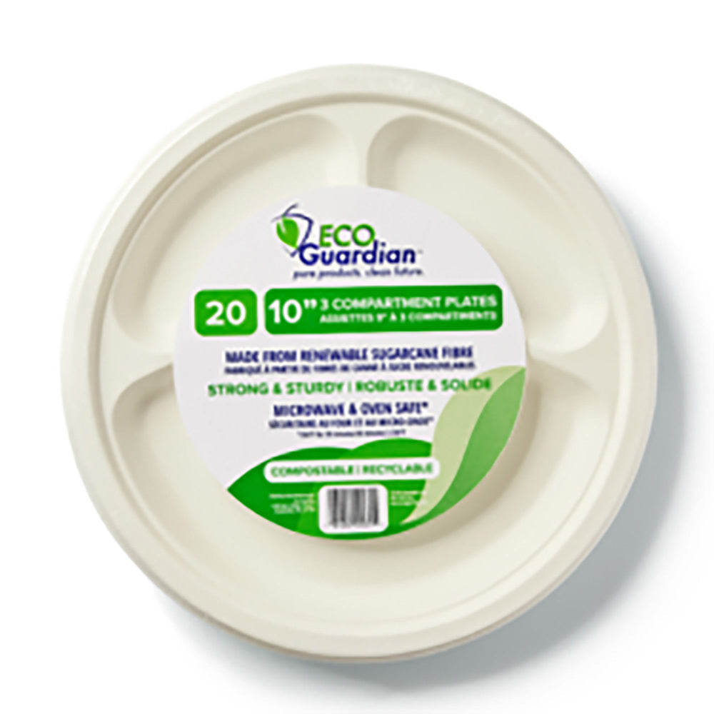 Eco Guardian Compostable Bagasse 3-Compartment Plates, Retail Packaging, 10", 240 Pack (EG-N-A007-S20)-Fridge, freezer, microwave, and oven safe