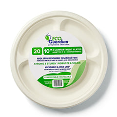 Eco Guardian Compostable Bagasse 3-Compartment Plates, Retail Packaging, 10", 240 Pack (EG-N-A007-S20)-Fridge, freezer, microwave, and oven safe