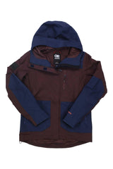 Women’s storm jacket with hood, front zipper, blue and brown color-block design