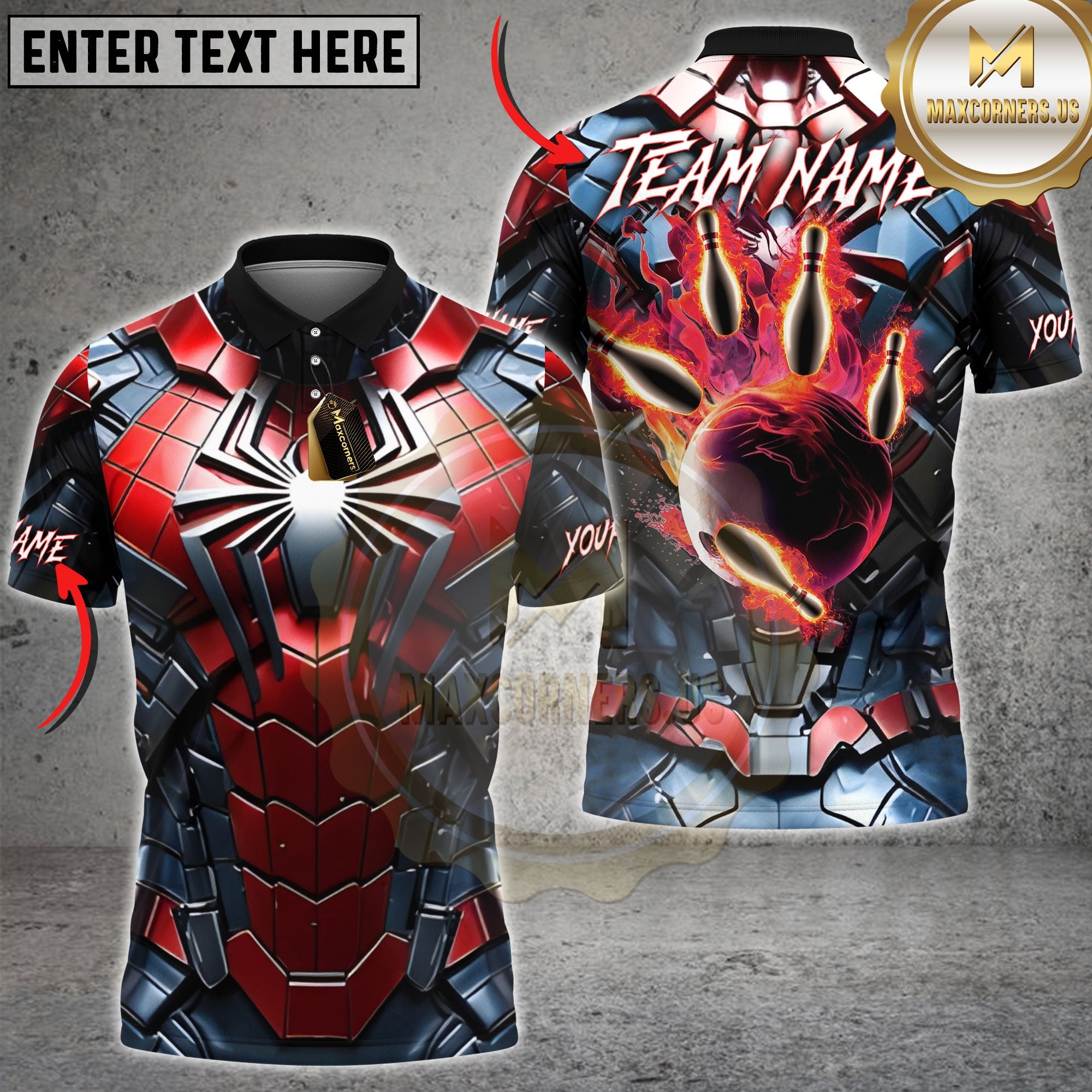 Maxcorners Bowling Red Web Armor Flaming Pins Multiple Options Personalized Name, Team Name 3D Shirt
