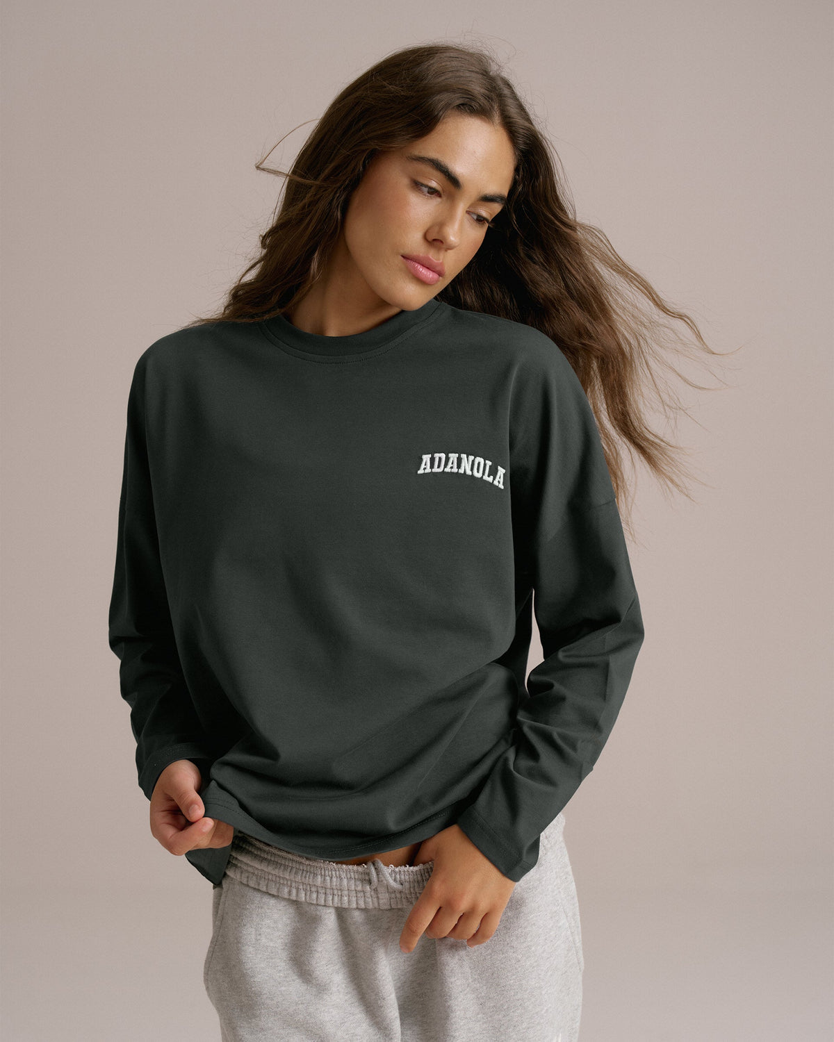 Drop Shoulder Long Sleeve T-shirt - Moss Green