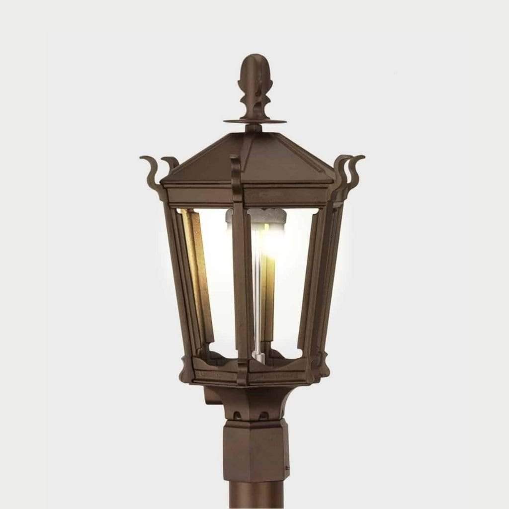 American Gas Lamp Works Gothic 2900H 14" Weather Green Residential Post Mount Aluminum Natural Gas Lamp With Dual Open Flame Burner Light Assembly, Beveled Tempered Glass Panes and Urn Finial