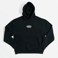 Quadratische Produktansicht für O'Donnell Moonshine: Ein schwarzer Hoodie mit Kängurutasche und weißem Logo-Print im Vintage-Stil auf der Brust, präsentiert auf weißem Hintergrund.
