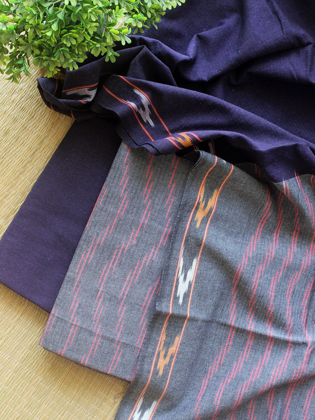 Grey and Blue Pochampally Ikkat Handloom Cotton Dress Material - Weaves of Tradition