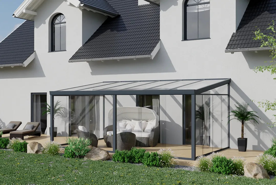 Kaltwintergarten Aluminium 600cm VSG schwarz – steda