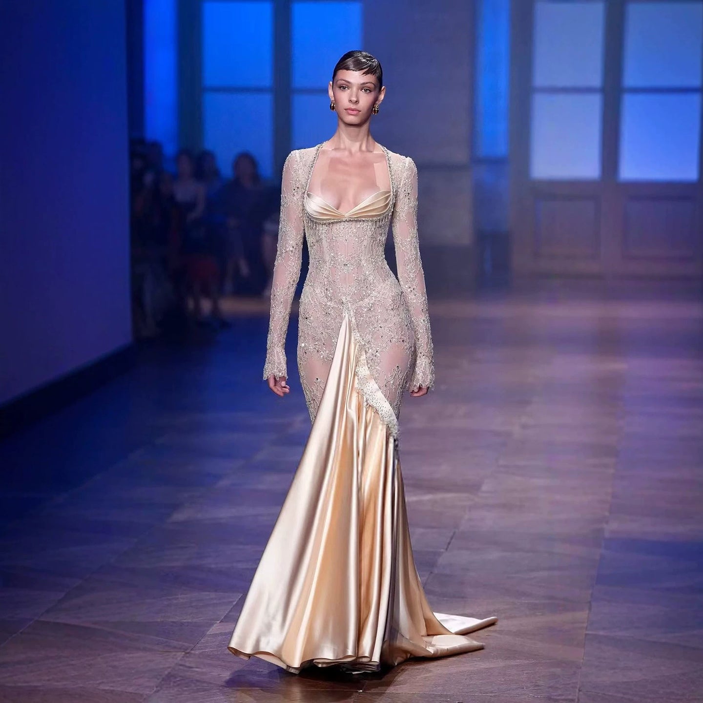 Luxury Champagne Long Sleeves Beaded Satin Mermaid Evening Dress LA73881 SERENE HILL