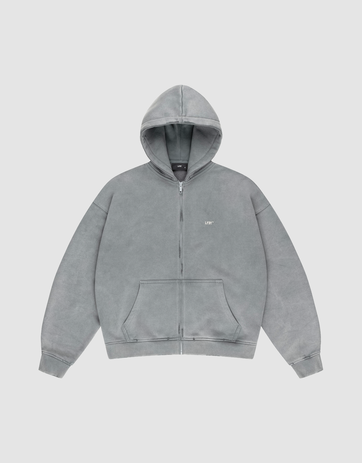 The LIVE FAST DIE YOUNG Basic Hooded Zip is a plain, light gray zip-up hoodie with a hood, front pockets, and a small white LIFT logo on the left chest, shown on a white background. | plain