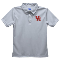 A light gray short-sleeve polo shirt with a red embroidered 'UH' logo on the left chest, displayed against a solid white background.