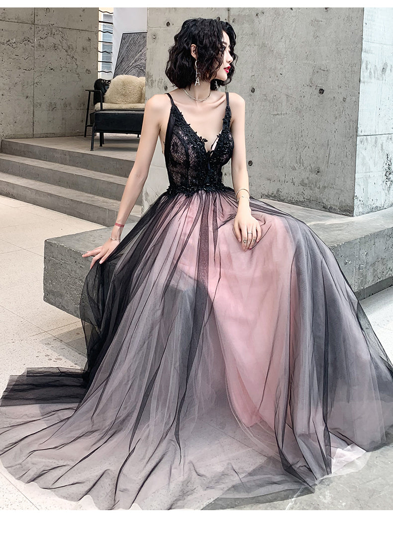 Fashionable Pink and Black Tulle V-neckline Party Dress, Pink Lace Applique Evening Gown