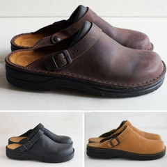 Sabots en cuir pour hommes, marron, noir et beige, avec bride réglable. Chaussures confortables et élégantes pour un style décontracté.
