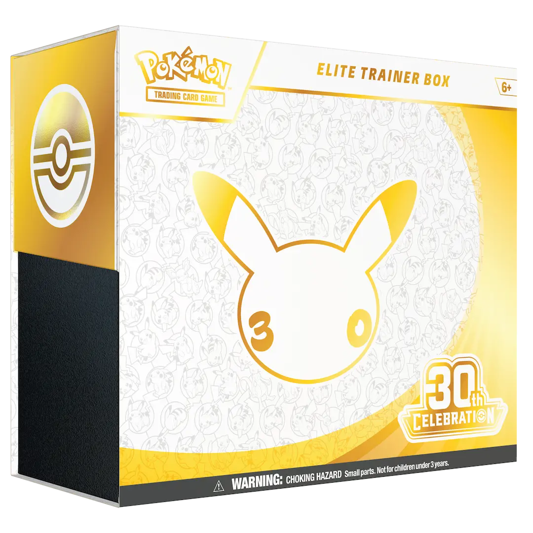 30th Celebration Elite Trainer Box featuring Pikachu design for Pokémon fans and collectors.