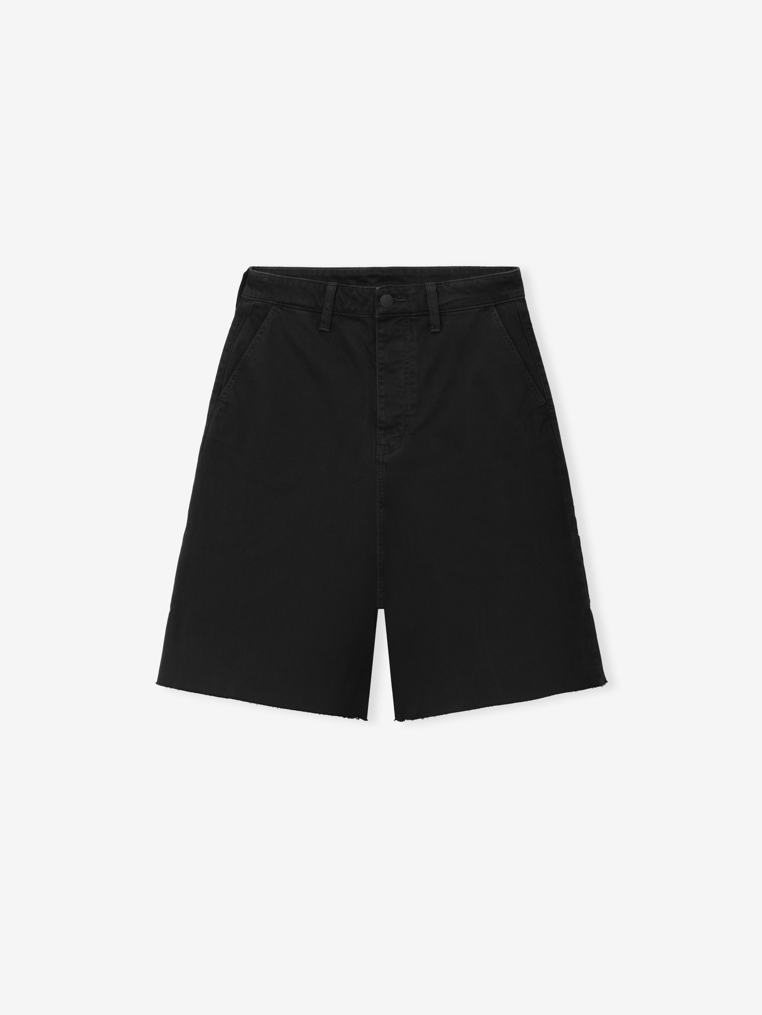 Raw Cut 5-Pocket Short in a deep black shade, featuring a raw hem, classic five-pocket styling, belt loops, and a clean, tailored silhouette for casual bottoms.