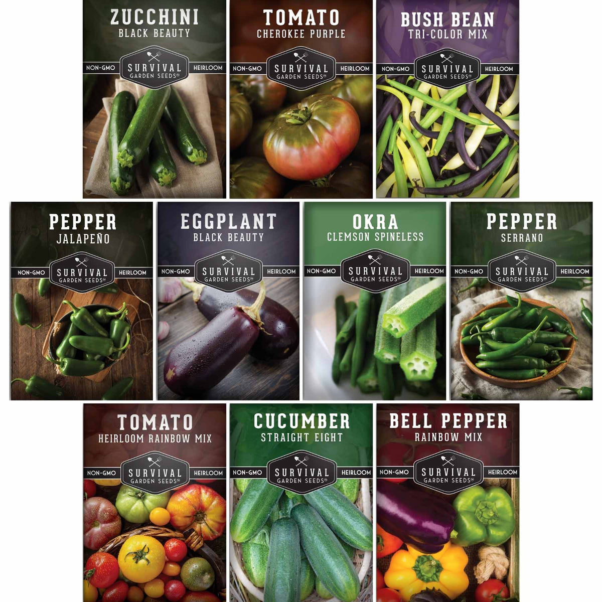 Collection of vegetable seed packets with images and names on a white background